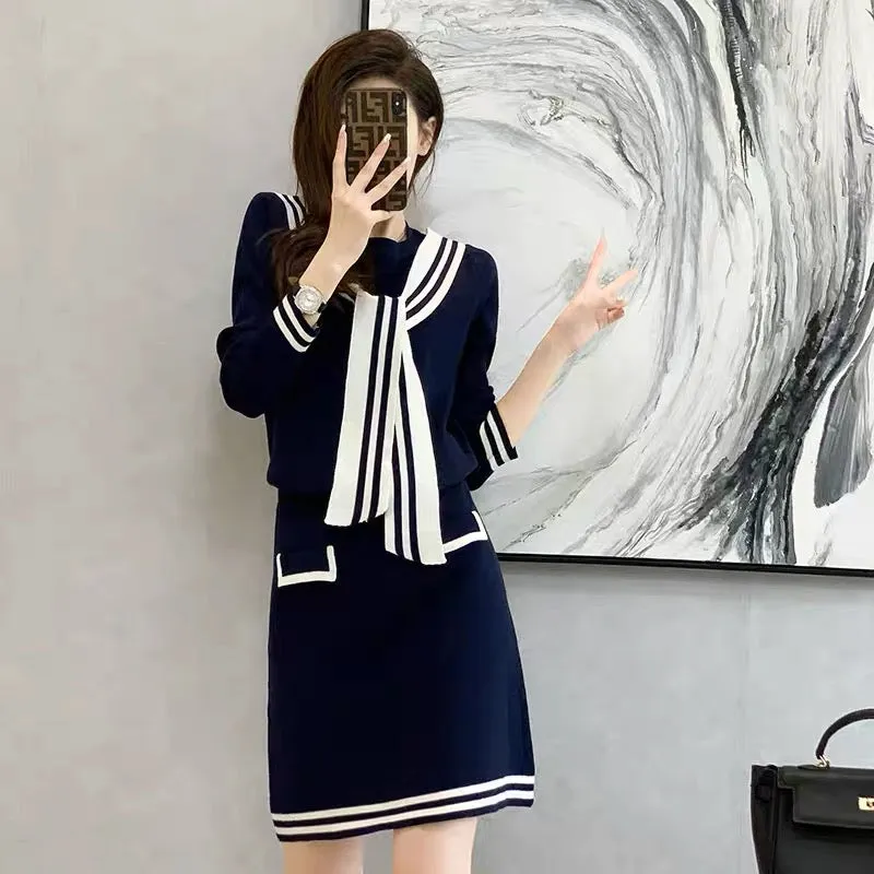 Small suit skirt women's new 2023 autumn and winter long-sleeved navy style sweater knitted two-piece suit skirt