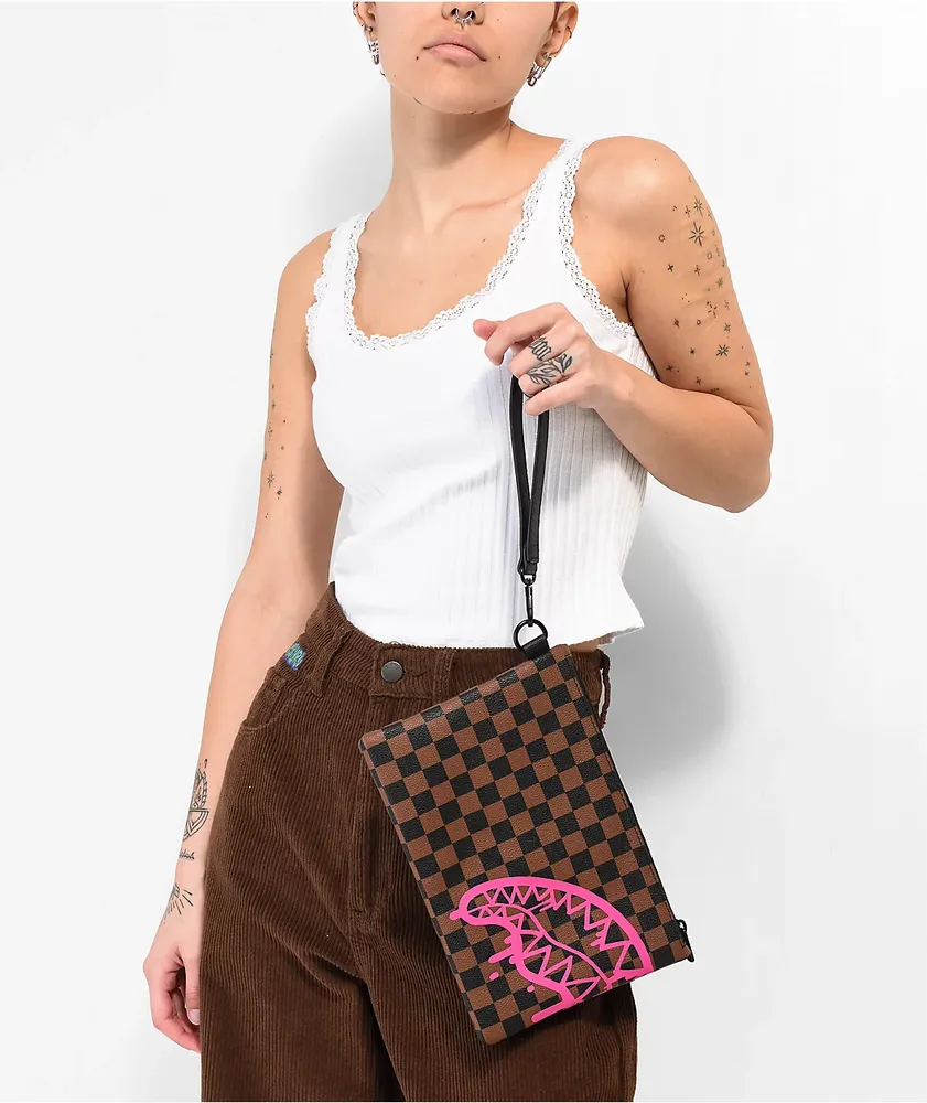 Sprayground Pink Drip Brown & Black Checkered Clutch Bag