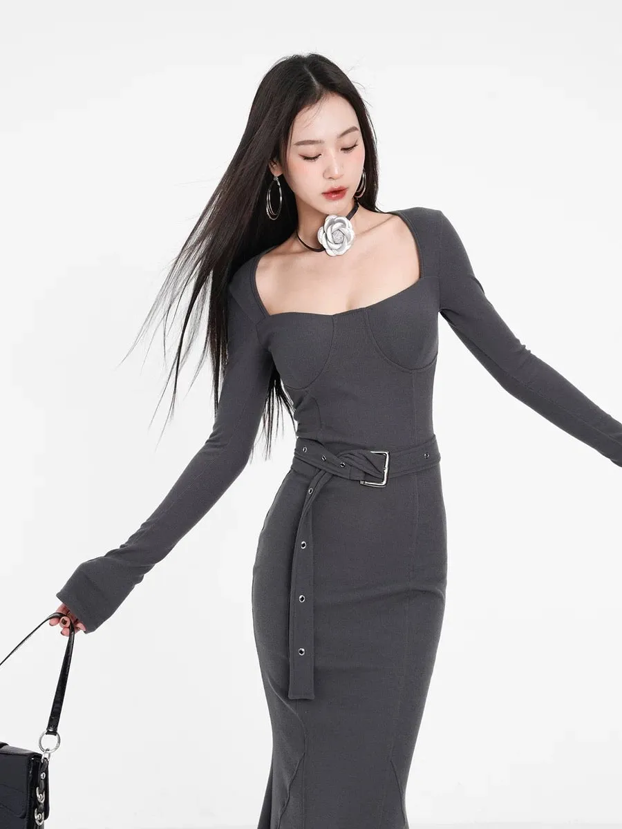 Spring and Autumn Hot Girl Knitted Dress Slim-fitting Bottoming Slimming Tight Sweater Little Mom Fishtail Stepmother Hip Skirt