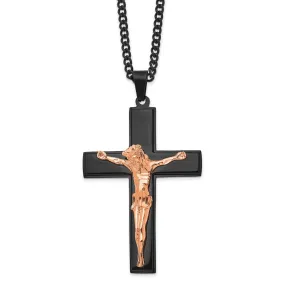 Stainless Steel Black & Rose Tone Plated LG Crucifix Necklace, 24 Inch