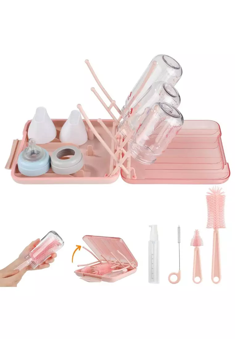 Stitches & Tweed Baby Travel Essential - 6 in 1 Bottle Cleaner Kit with Silicone Bottle Brush, Soap Dispenser, Bottle Drying