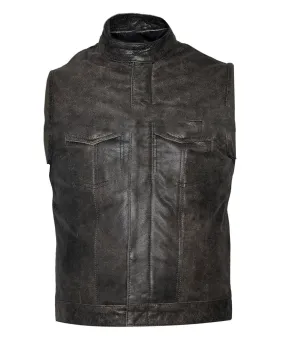 Stonewash Cut off  Leather Mens Vest Waiscoat ( Gilet Biker Motorcycle)
