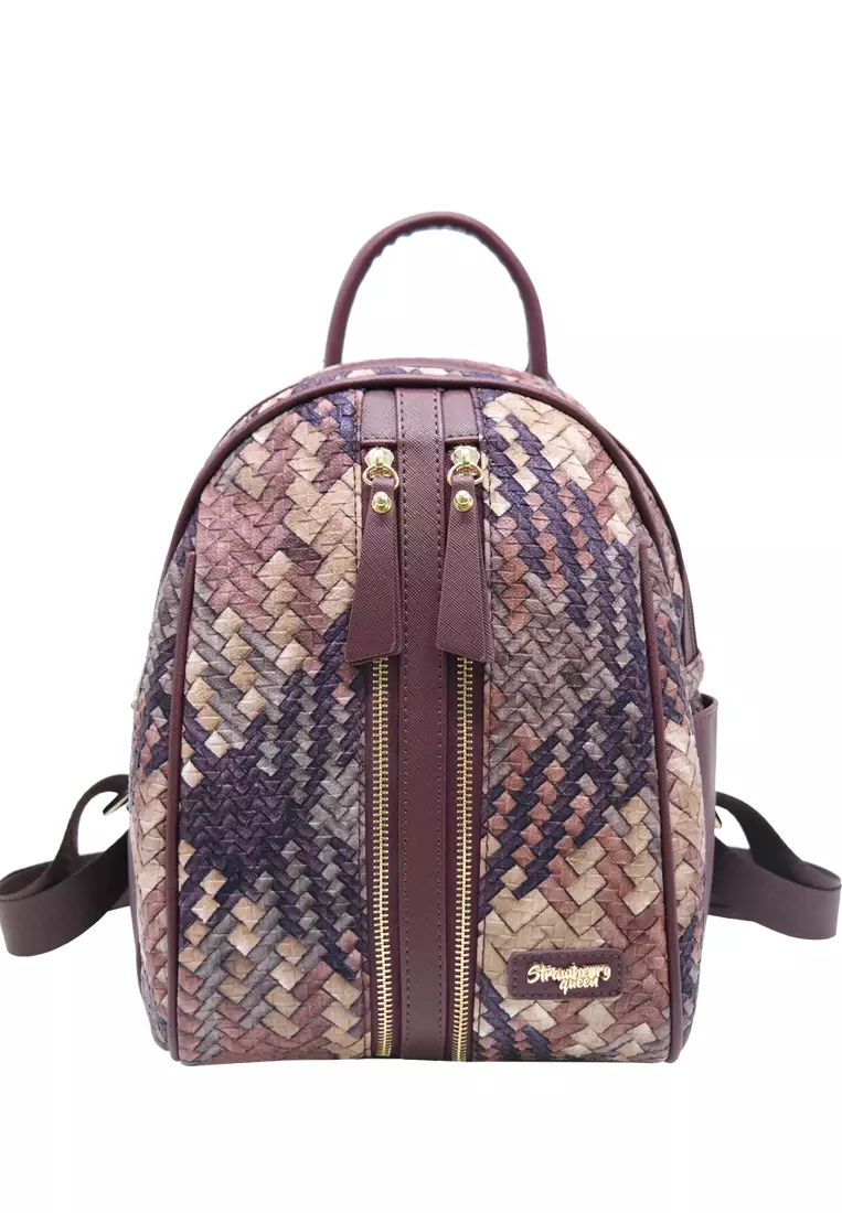 STRAWBERRY QUEEN Strawberry Queen Dual Front Zipper Rattan Backpack - Candy (Rattan AG, Dark Brown)