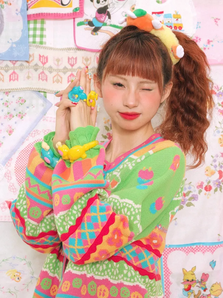 Striped Bunny Check Round Neck Knitted Cardigan