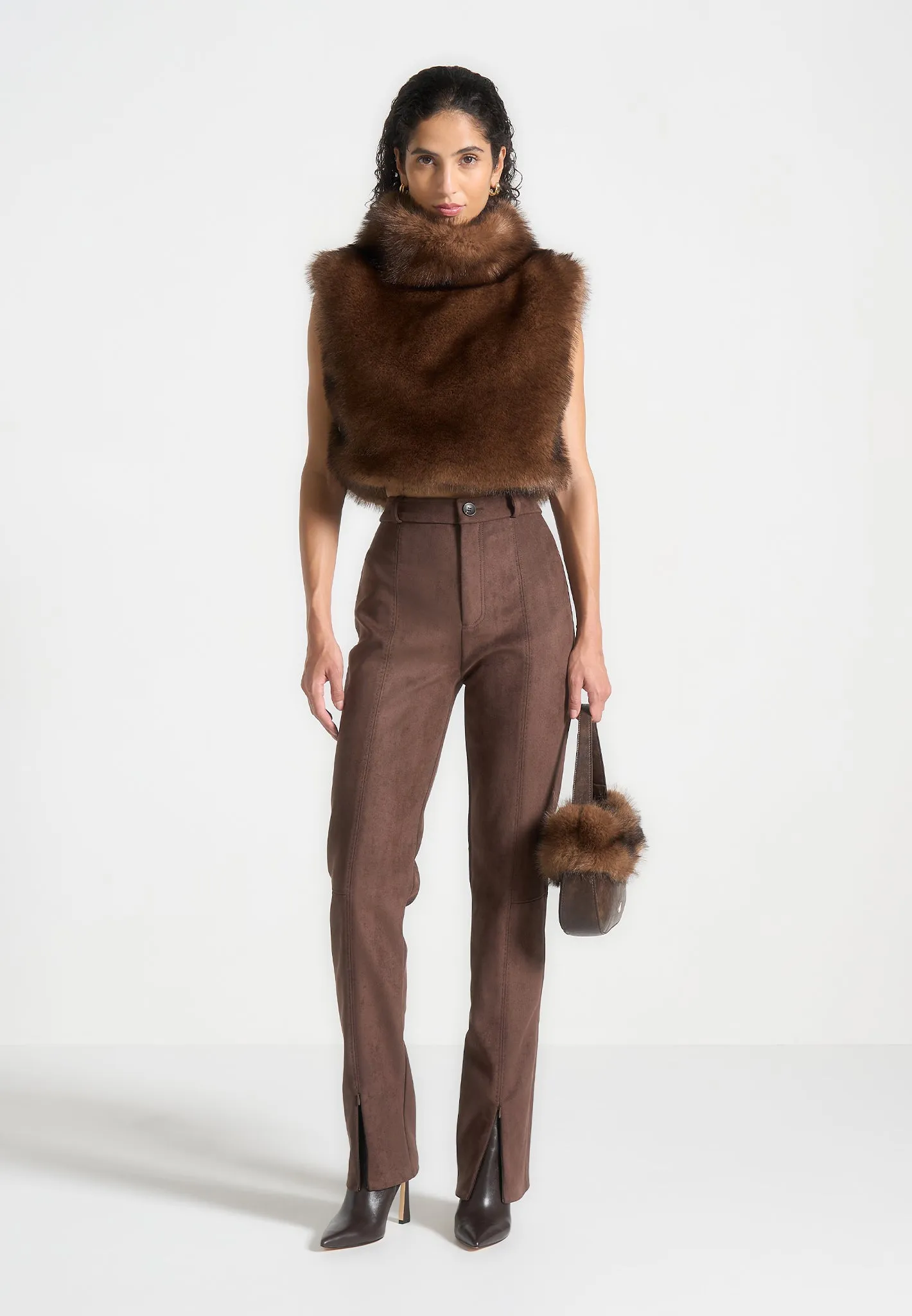 Suede Straight Leg Trousers - Brown