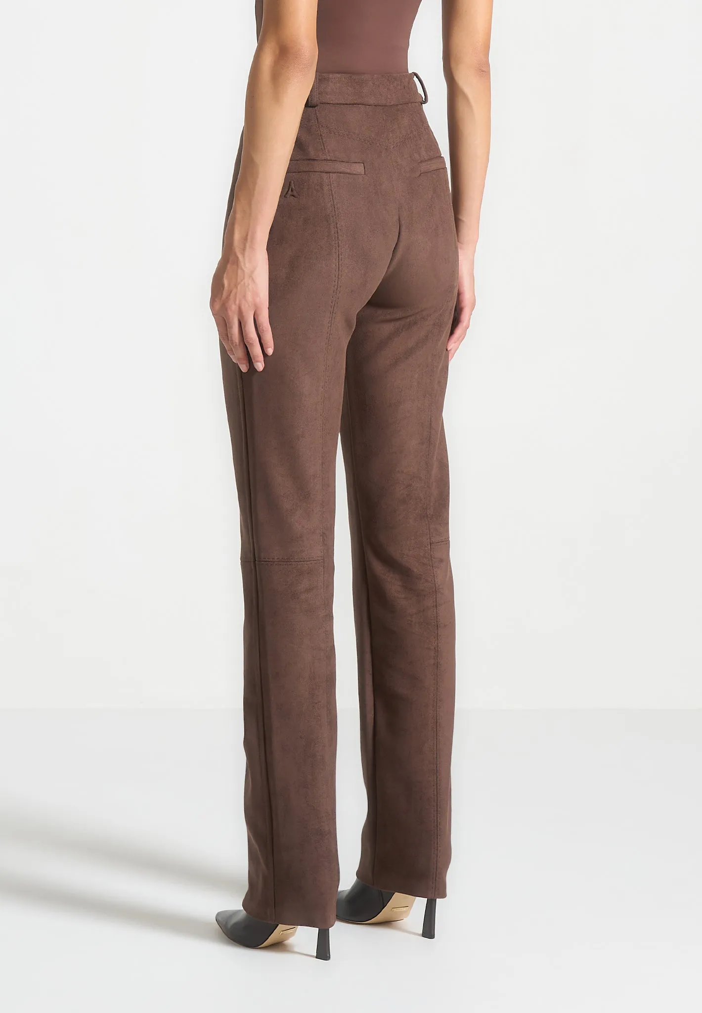 Suede Straight Leg Trousers - Brown