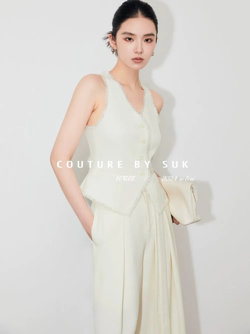 SUK light luxury texture! Xiaoxiangfeng handmade fringed V-neck vest + belt design wide-leg pants suit for women