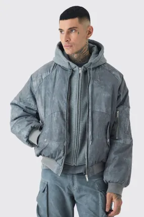 Tall Boxy Washed Padded Hooded Bomber Jacket In Grey