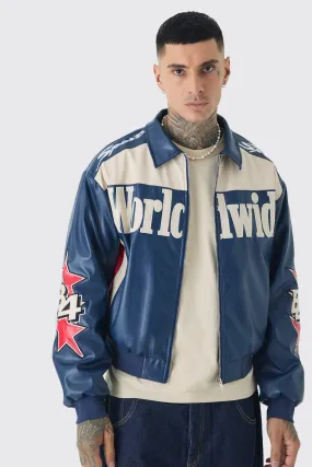 Tall Boxy Worldwide Collared PU Bomber Jacket In Blue