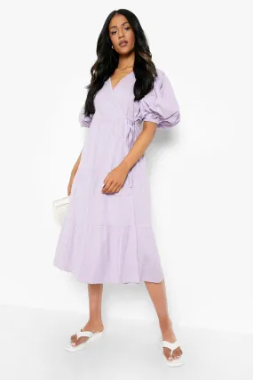 Tall Puff Sleeve Wrap Midi Dress