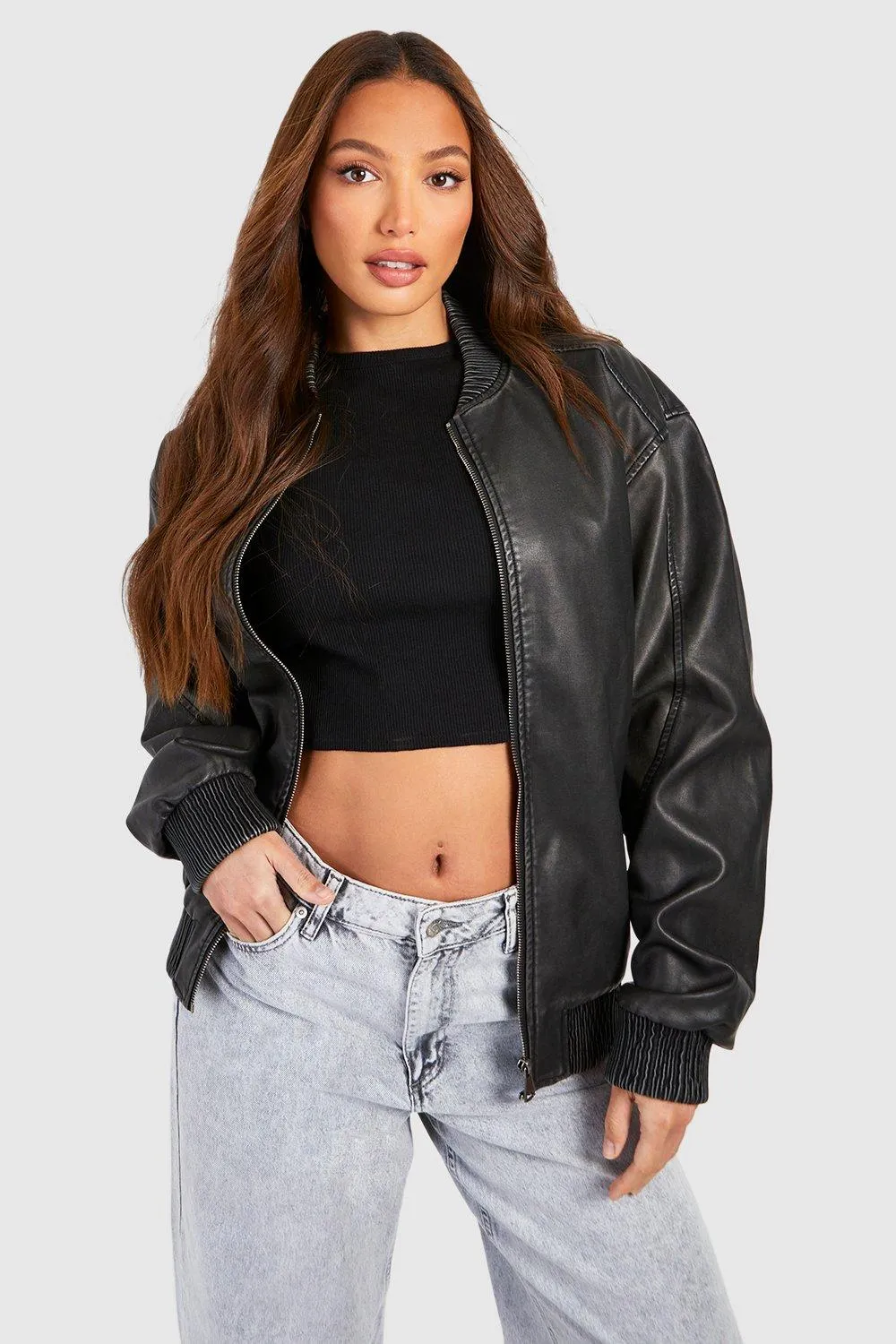 Tall Washed Faux Leather Bomber Jacket