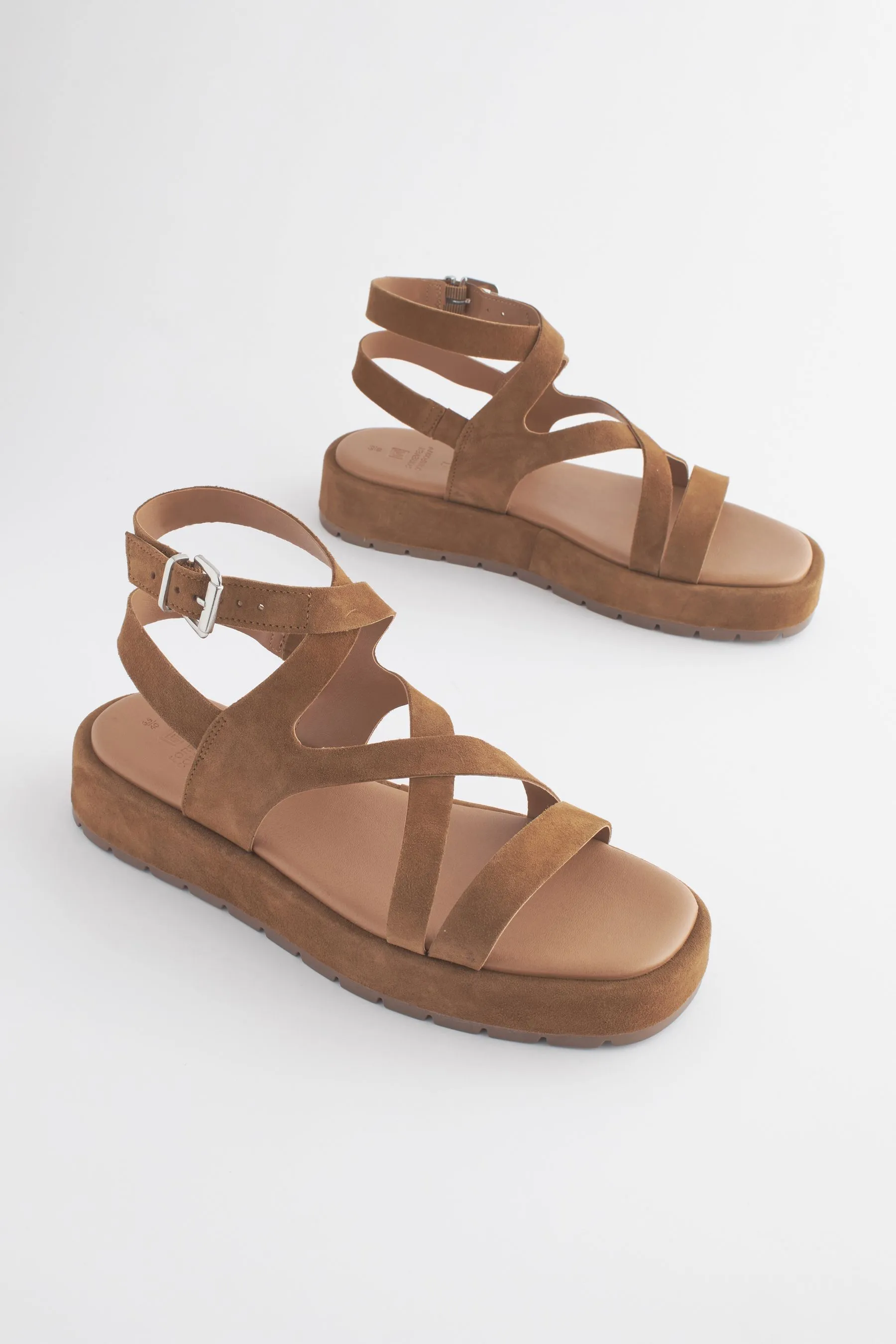 Tan Brown Forever Comfort® Leather Strappy Flatform Sandals