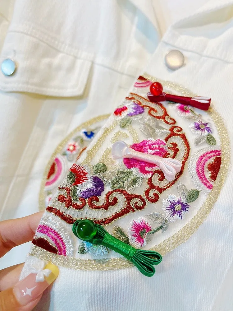 Tang suit Chinese style women's high-end embroidered white denim jacket spring loose long-sleeved button-up top