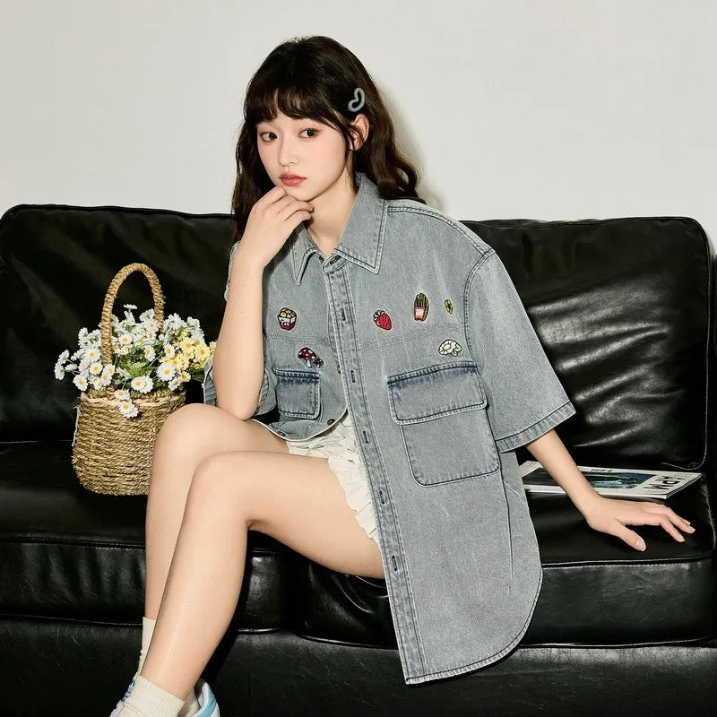 Tangshi 2024 summer new short-sleeved denim shirt for women embroidered American retro jacket casual t-shirt jacket for women