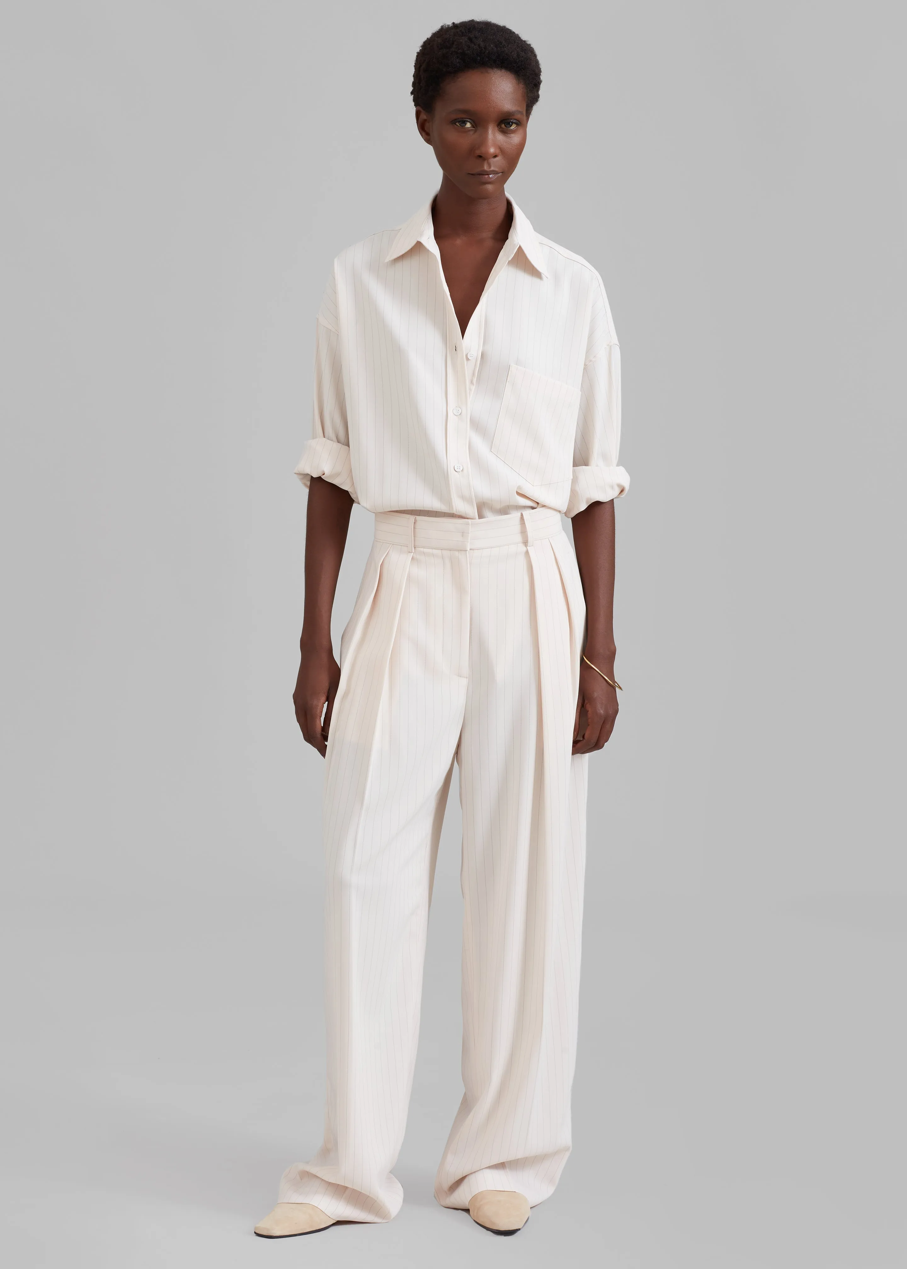 Tansy Fluid Pleated Trousers - Beige Pinstripe