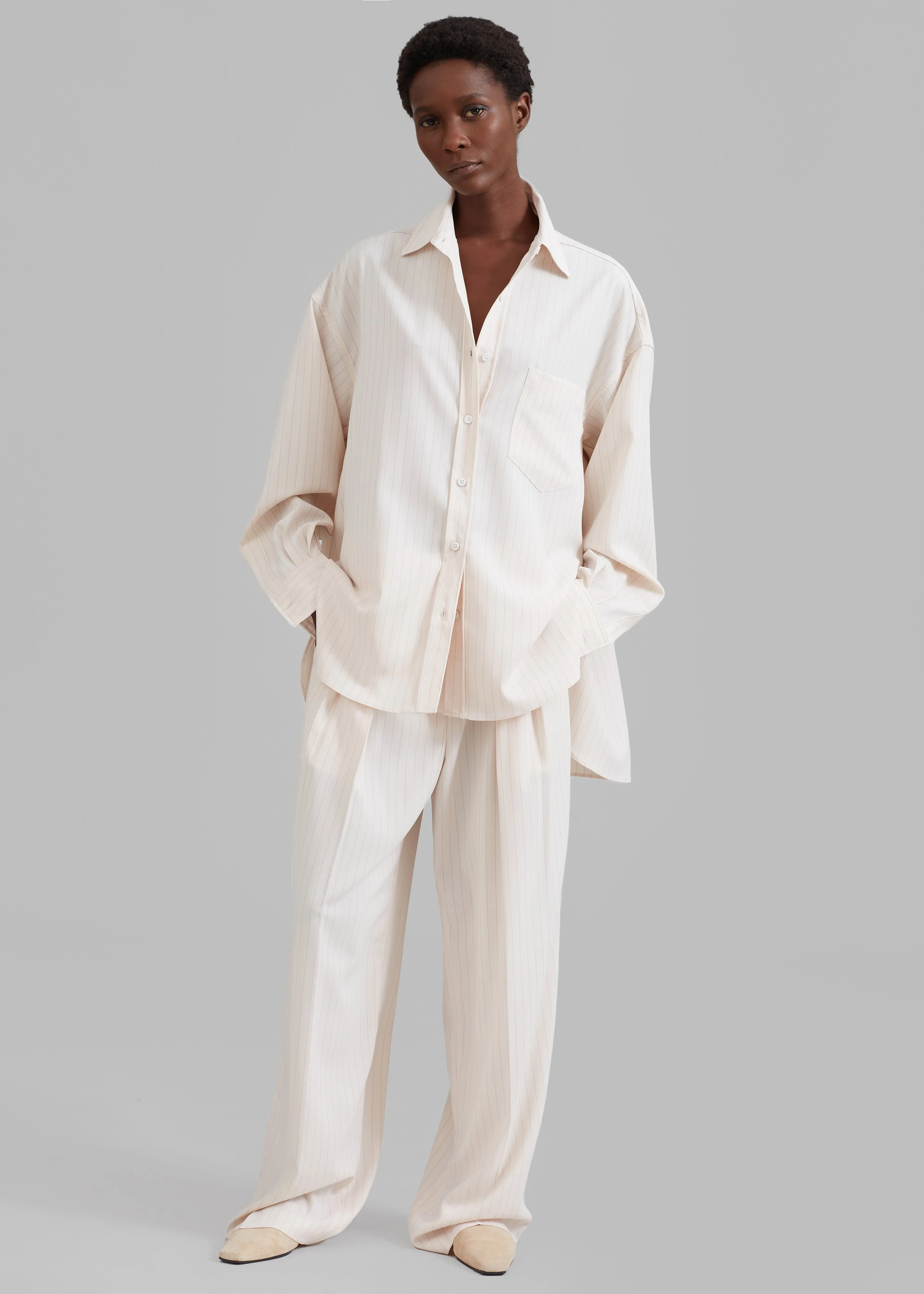 Tansy Fluid Pleated Trousers - Beige Pinstripe