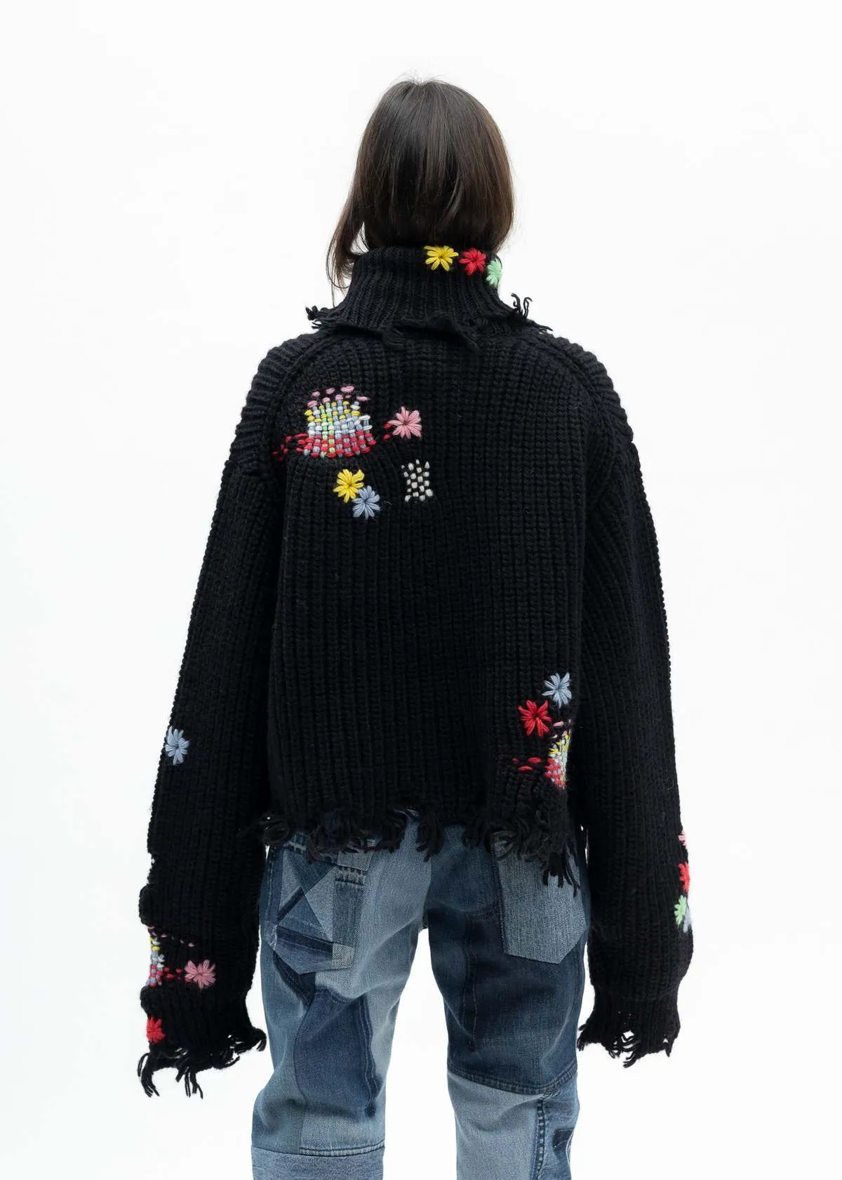 Taupe Darning Cut Off Knit Pullover - Black