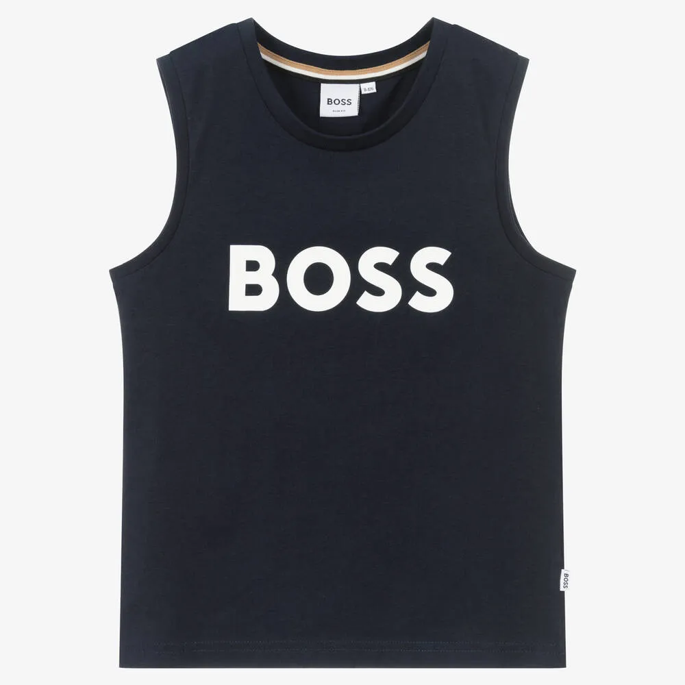Teen Boys Navy Blue Cotton Logo Vest