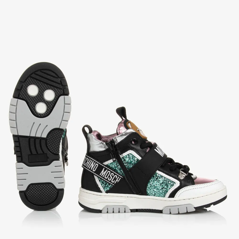 Teen Girls Black & Pink Leather Trainers