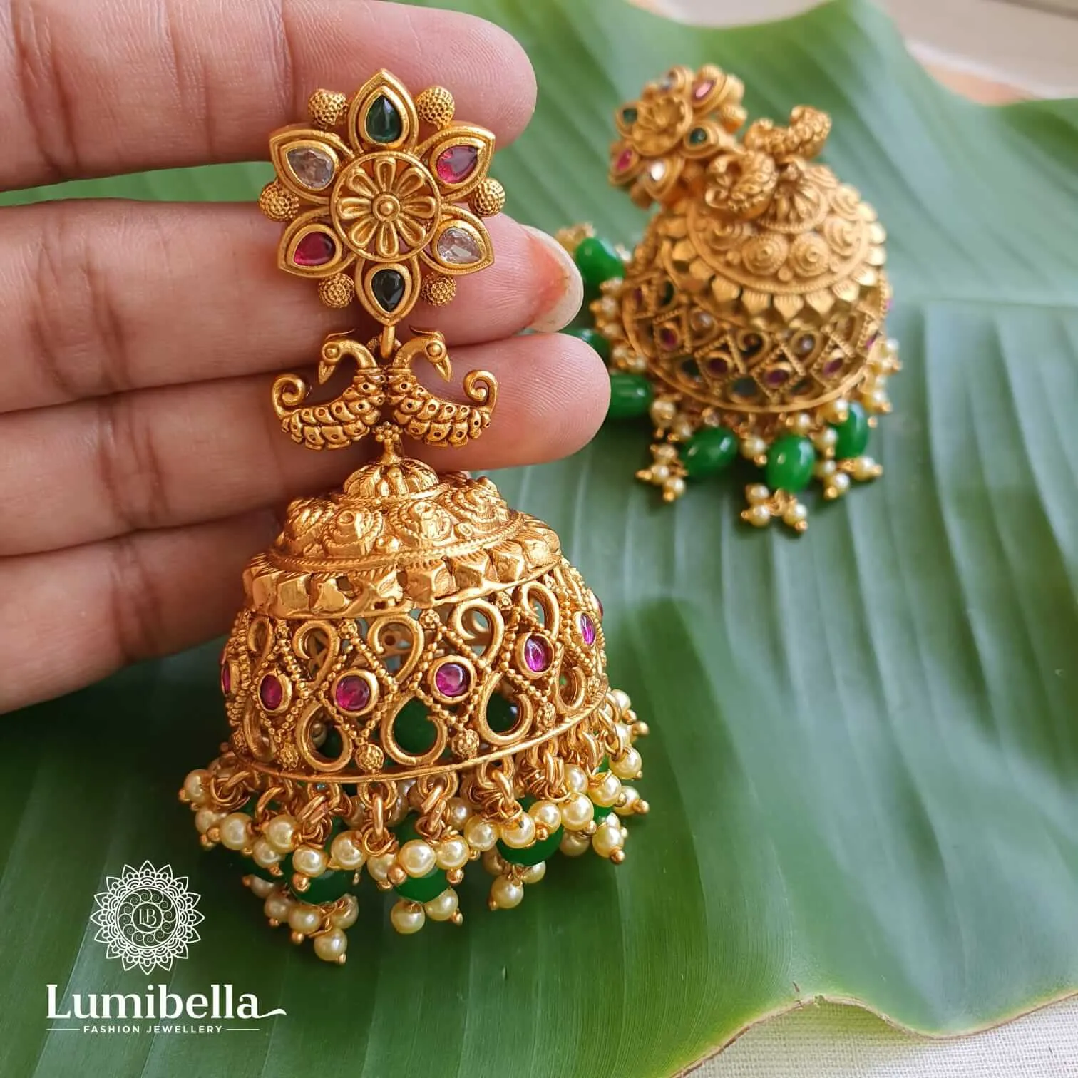 Temple Green Beads Jhumka