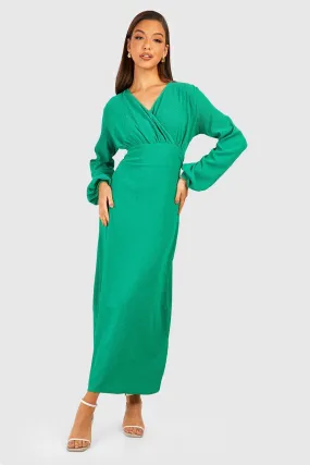 Textured Drape Blouson Sleeve Wrap Dress