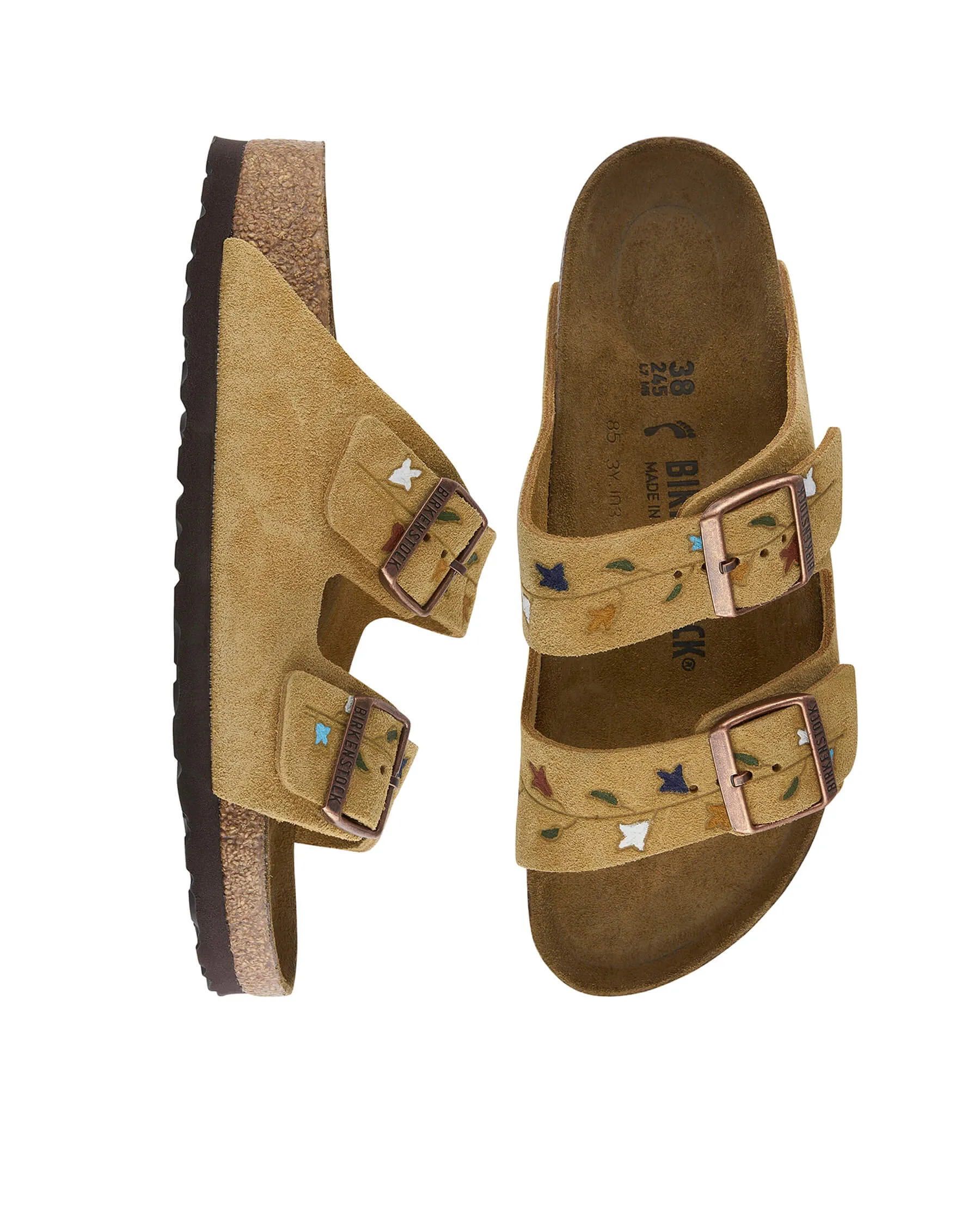 The BIRKENSTOCK Arizona with Hand Painted Tooled Tulip. -- Latte Cream with Multi