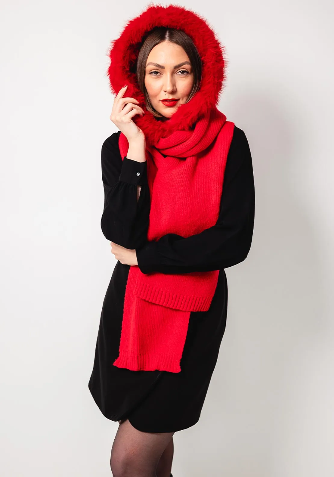 The Serafina Collection Faux Fur Knitted Hooded Scarf, Red