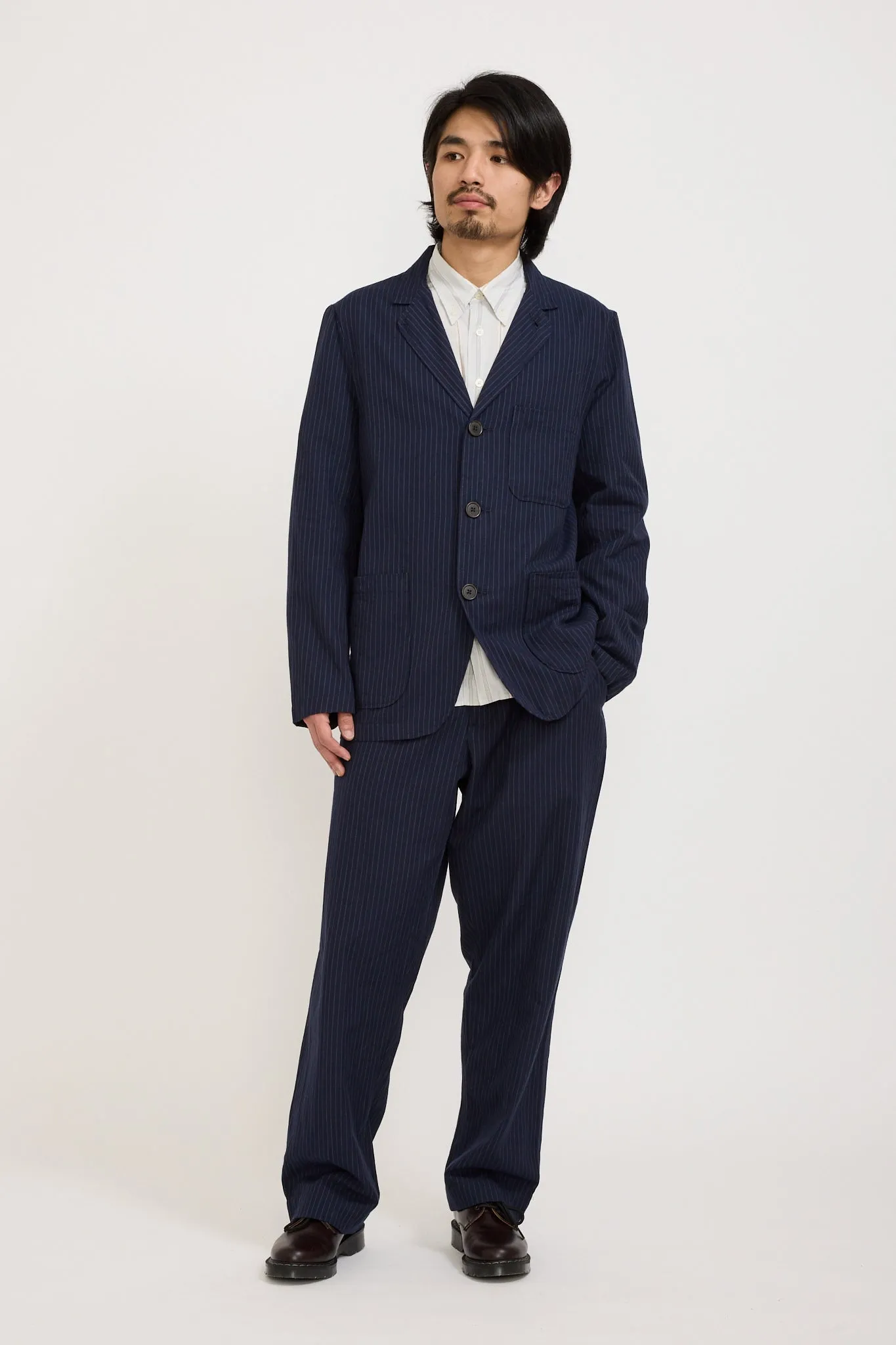 Three Button Jacket Cotton Pinstripe Navy