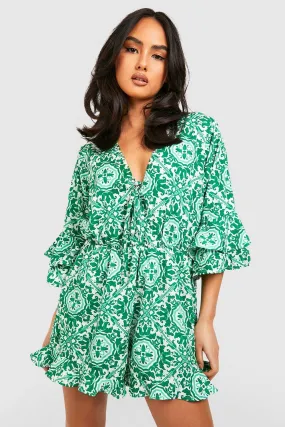 Tile Print Frill Detail Romper