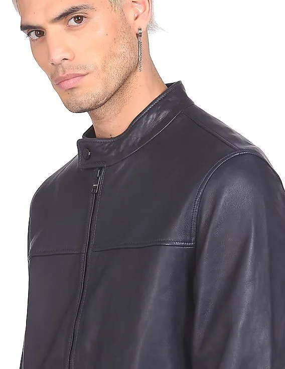 Tommy Hilfiger Men Navy Nappa Harrington Leather Biker Jacket