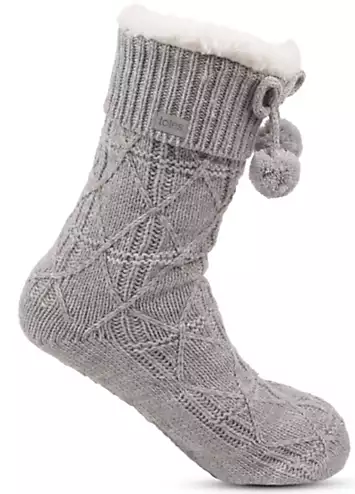 Totes Ladies Cable Knit Pom Pom Slipper Socks in Grey | Grattan