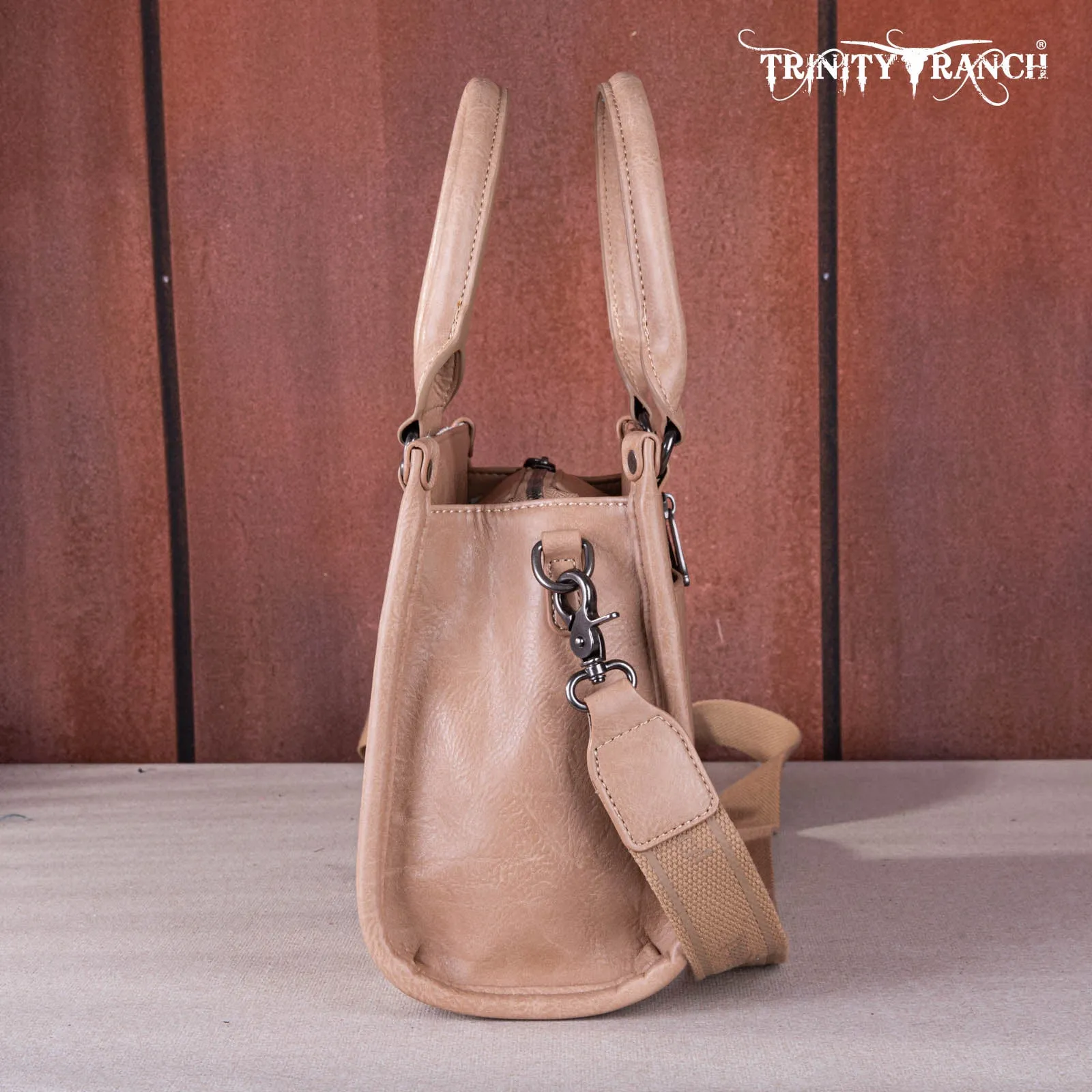 TR164-8250A  Trinity Ranch Hair On Cowhide Tooling Concealed Carry Tote/Crossbody