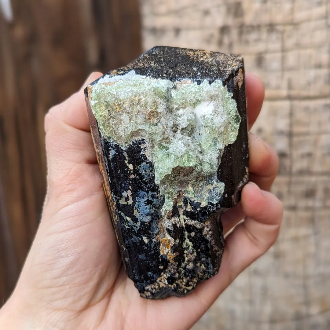 TUCSON EXCLUSIVE! GEMMY TERMINATED BLACK TOURMALINE CRYSTAL WITH HYALITE OPAL, FROM ERONGO MOUNTAIN, ERONGO REGION, NAMIBIA