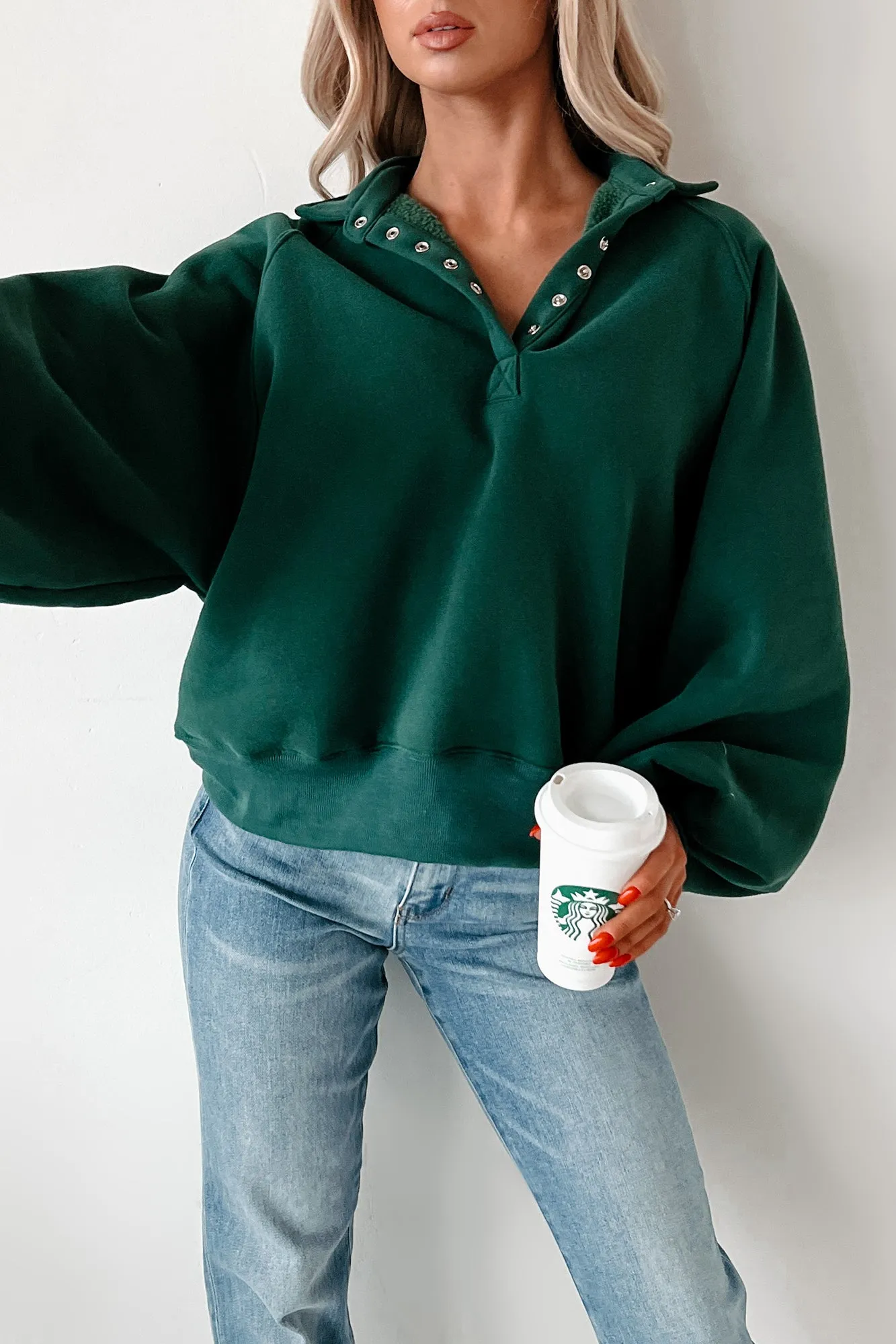 Turning The Page Snap-Button Pullover Sweatshirt (Hunter Green)