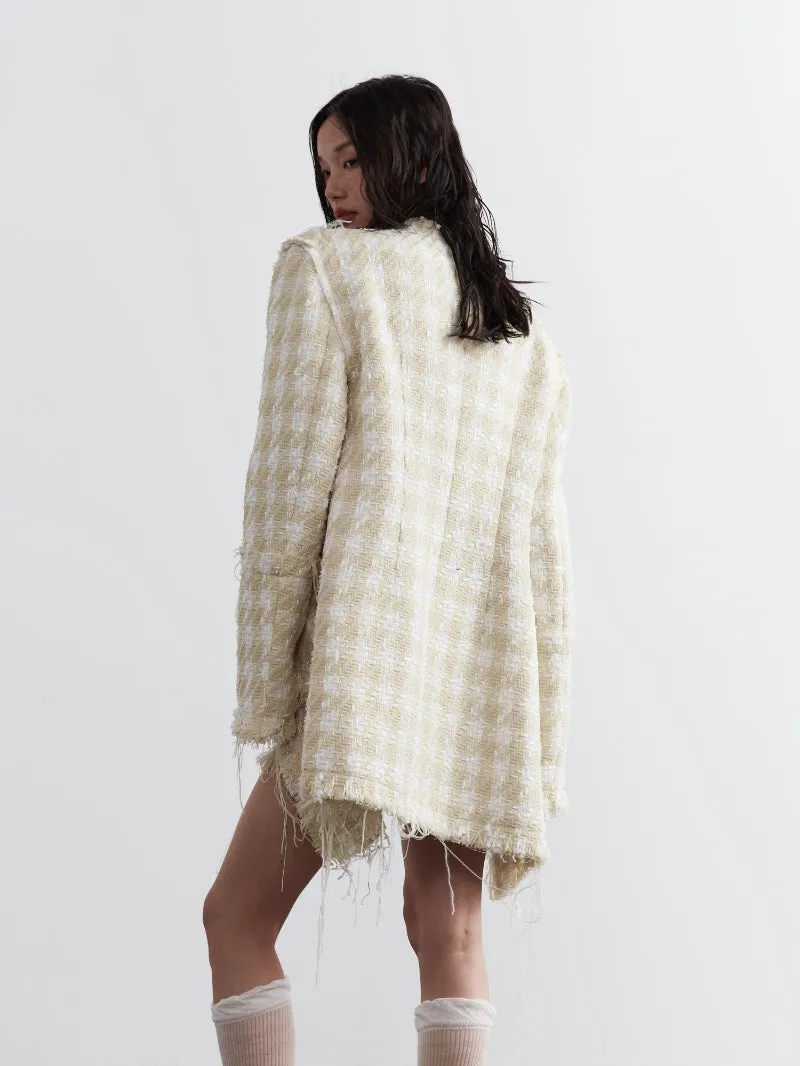 Tweed Tassel Cut-Off Checked Retro Jacket