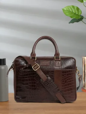 Unisex Brown Croco Texture Leather Bag