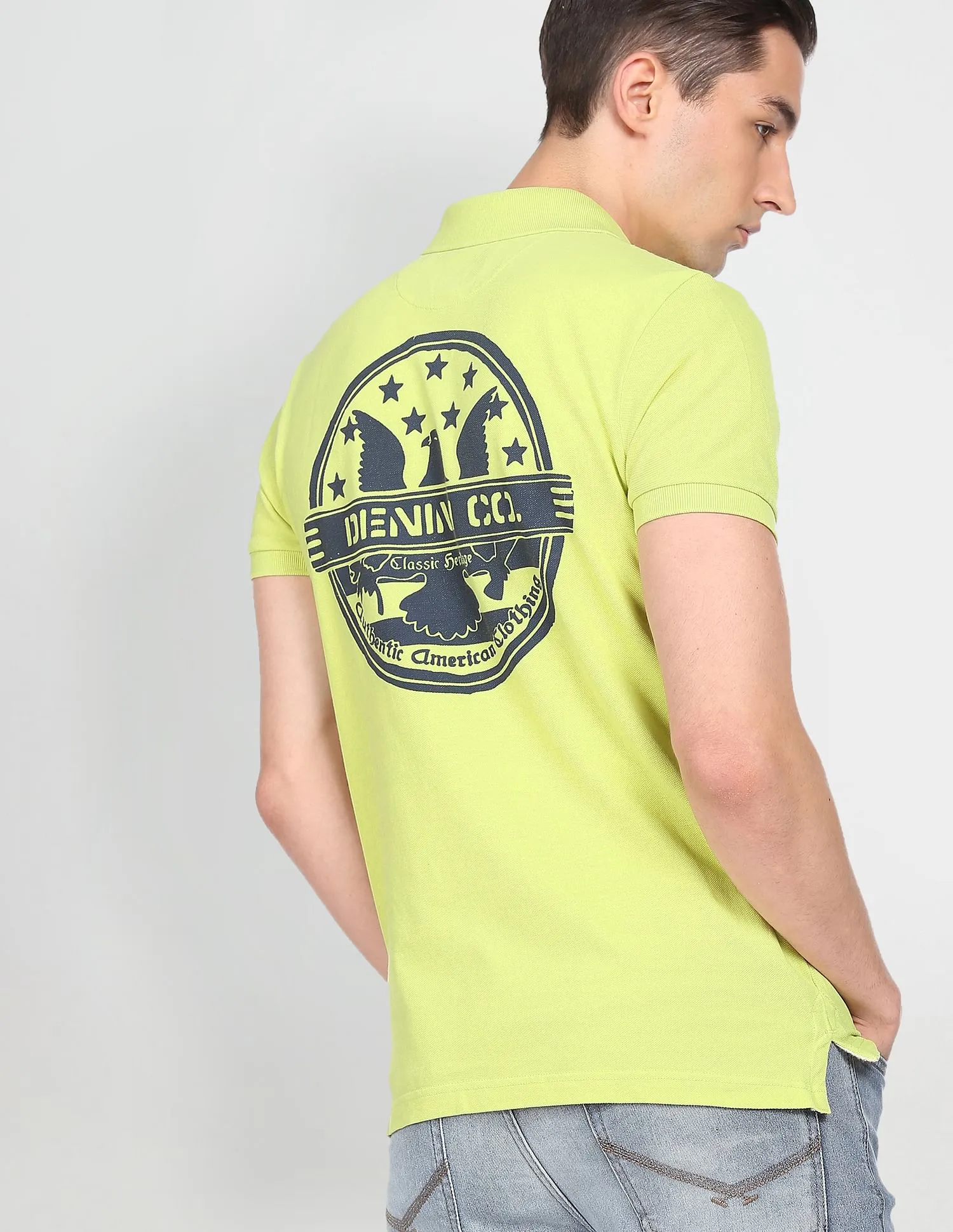 U.S. Polo Assn. Denim Co. Men Yellow Brand Print Cotton Pique Polo Shirt
