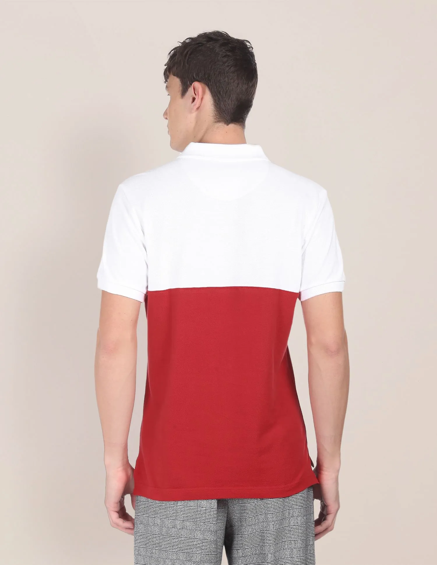 U.S. Polo Assn. Men White And Red Colour Block Cotton Polo Shirt