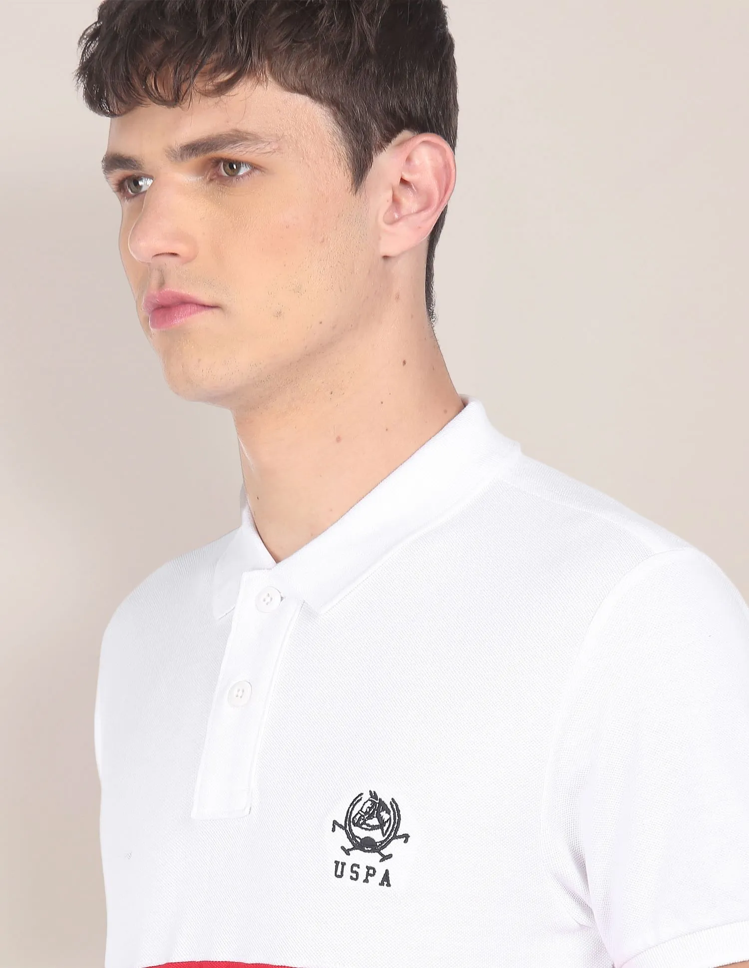 U.S. Polo Assn. Men White And Red Colour Block Cotton Polo Shirt