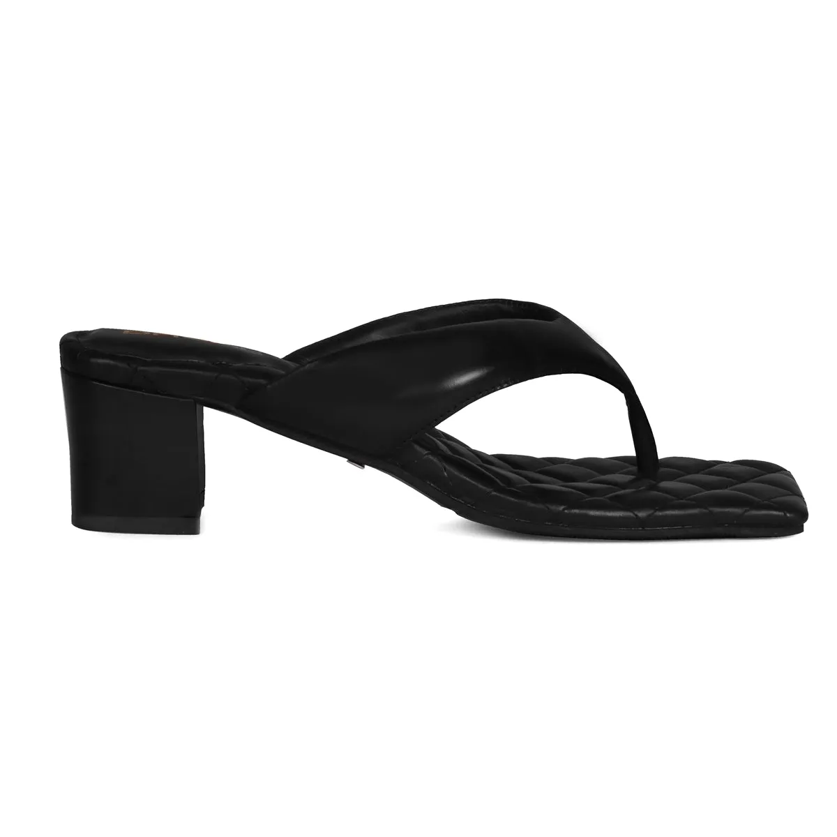 V-Shaped Black Flip Flop Diamond Stitched Blocked Heel Slider Slipper For Women By Brune & Bareskin