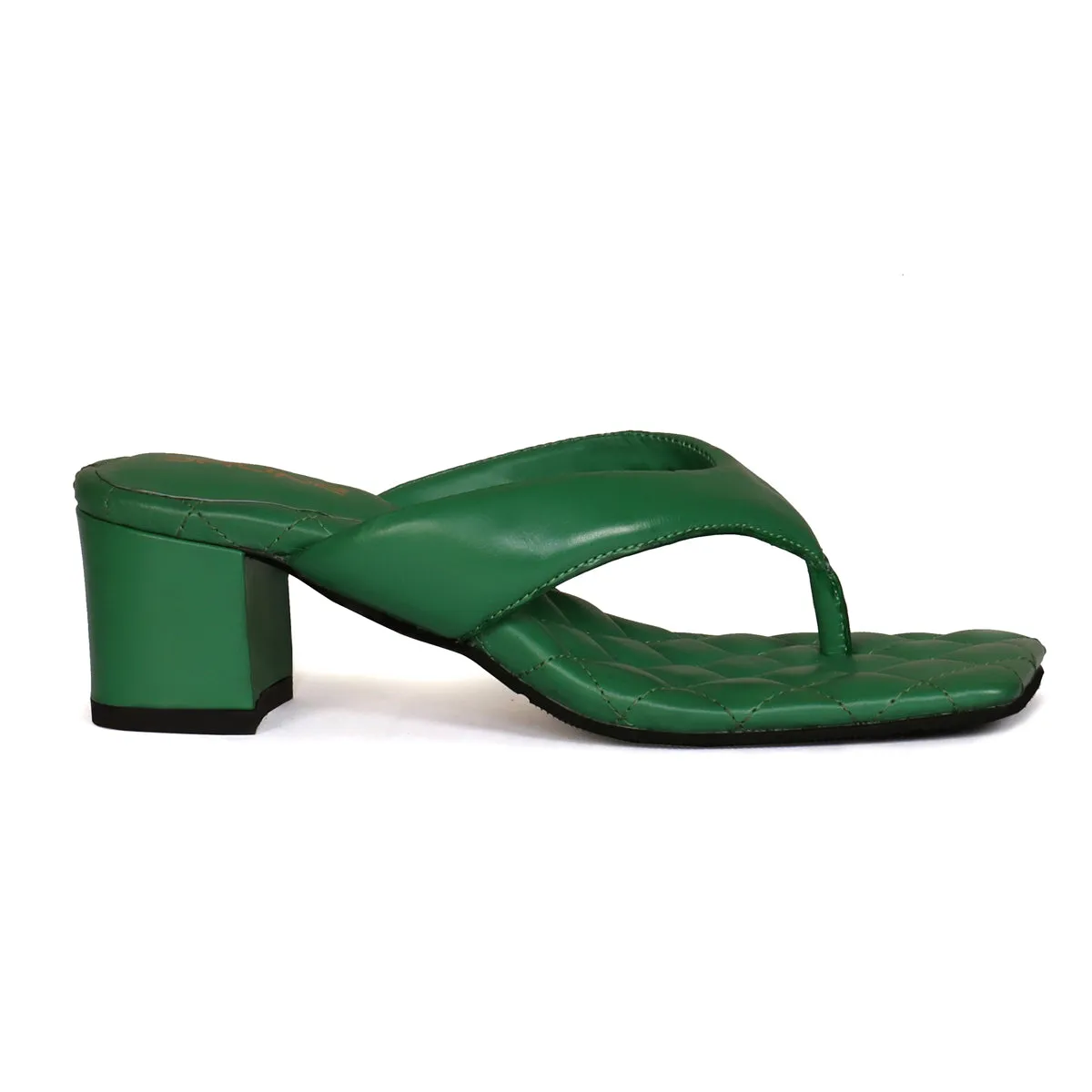 V-Shaped Green Flip-Flop Diamond Stitched Blocked Heel Slider Slipper For Women By Brune & Bareskin