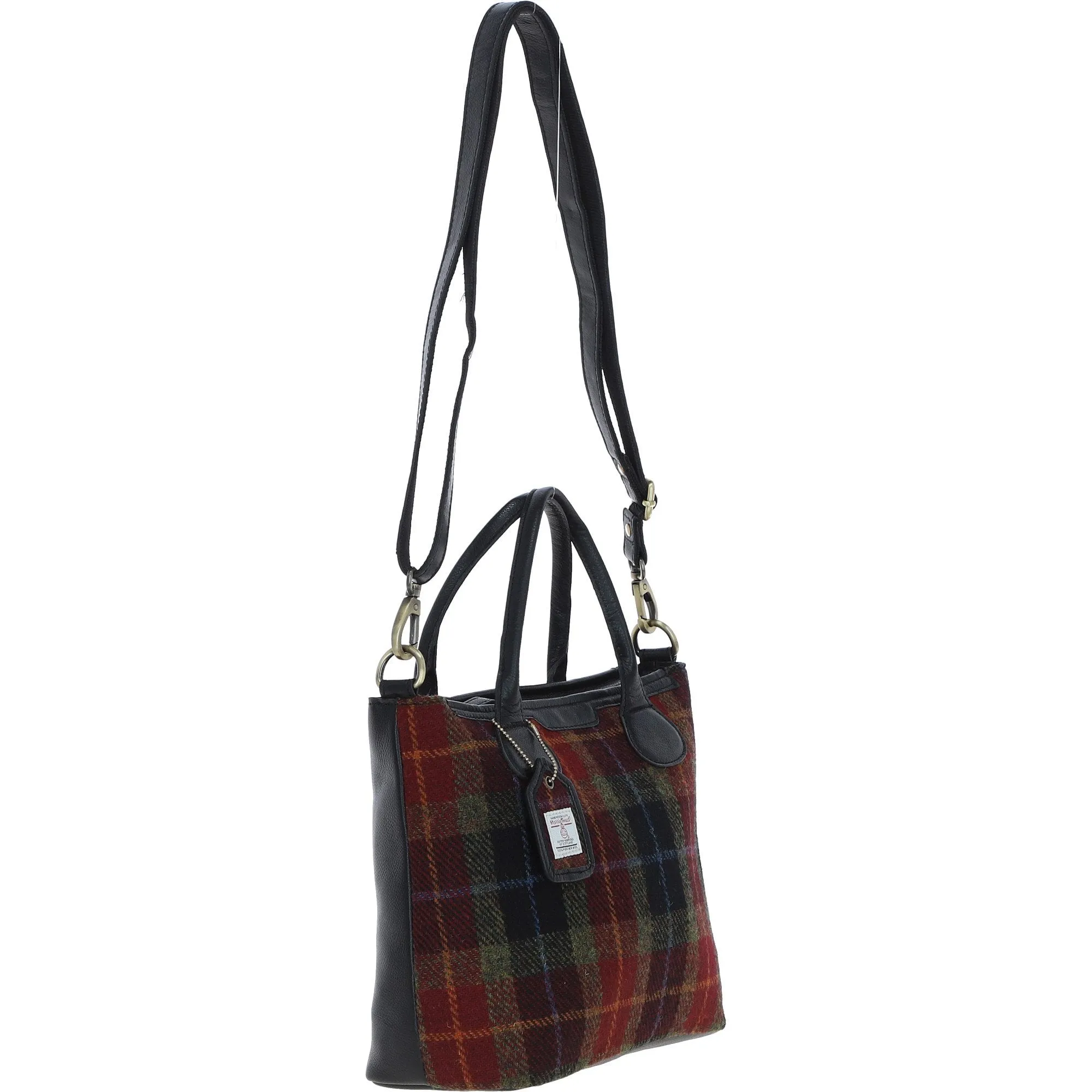 Versatile Ashwood Leather & Harris Tweed Shoulder Bag Black/Green/Red: TW-22-07-BR