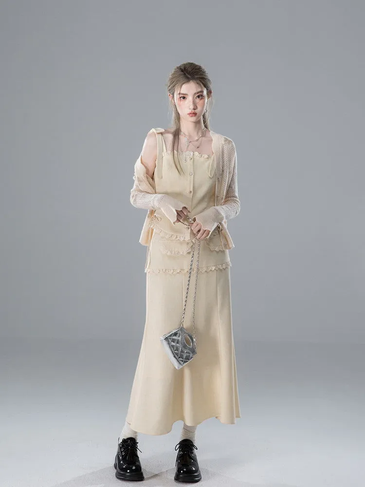 Vest&Blouse＆Long-Skirt Frill Lace Suspenders Ribbon Set-Up