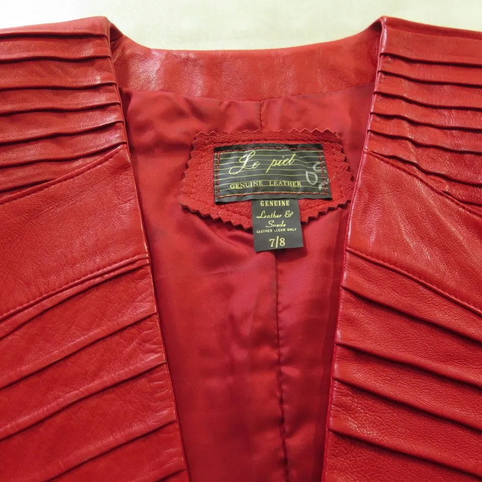 Vintage 70s Red Leather Jacket Womens 8 Retro Glam Ribbed Le Piel Fetish