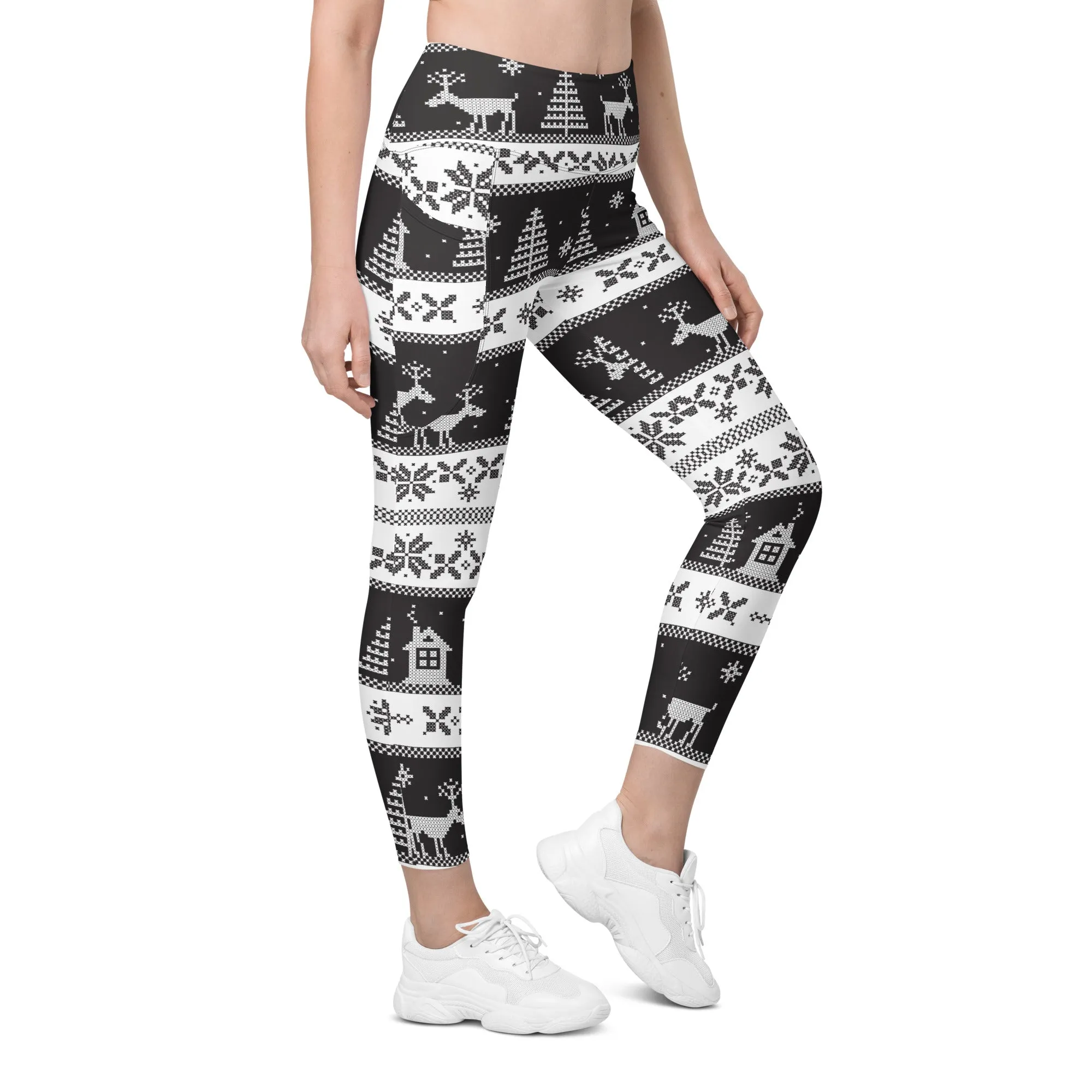 Vintage Black & White Christmas Leggings With Pockets