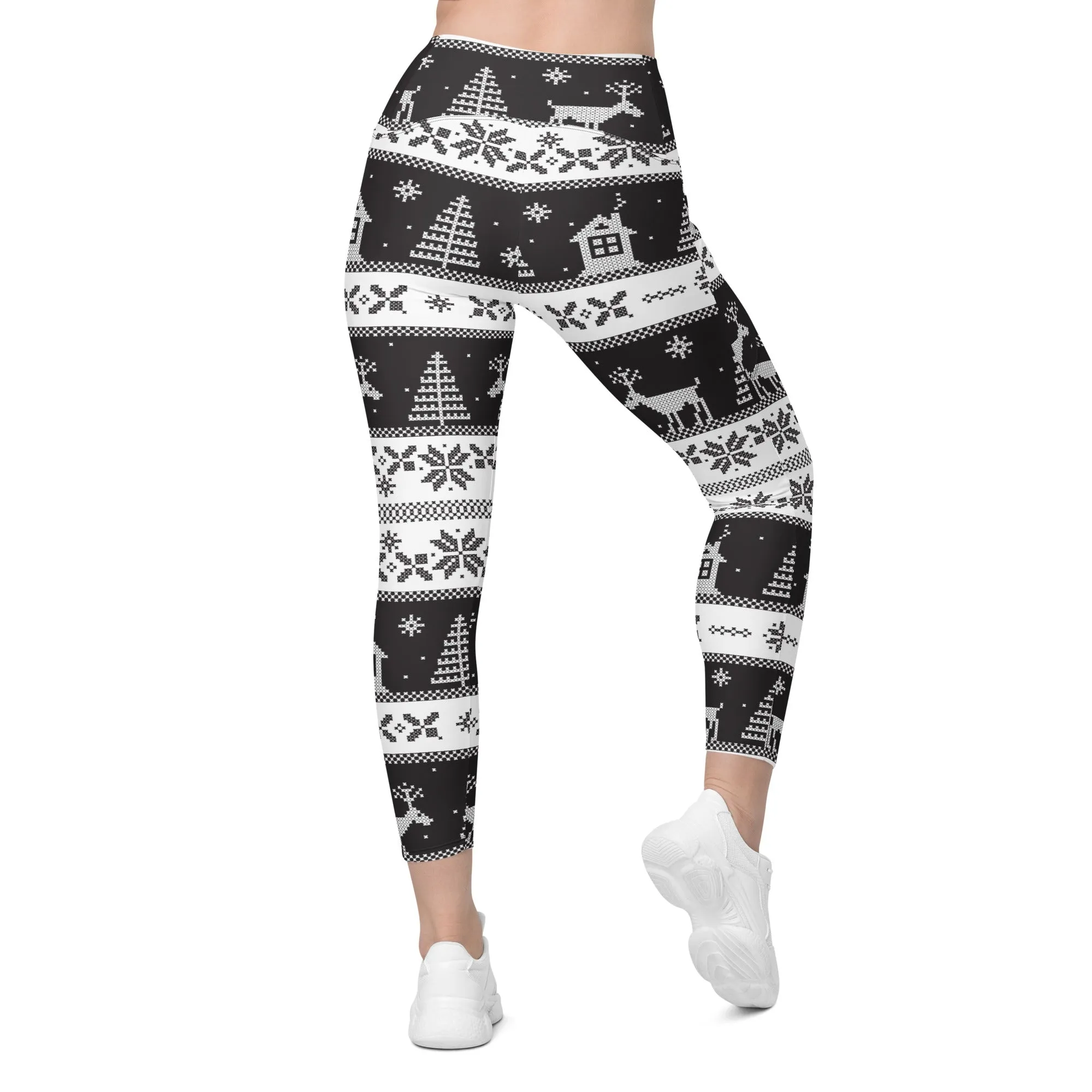 Vintage Black & White Christmas Leggings With Pockets