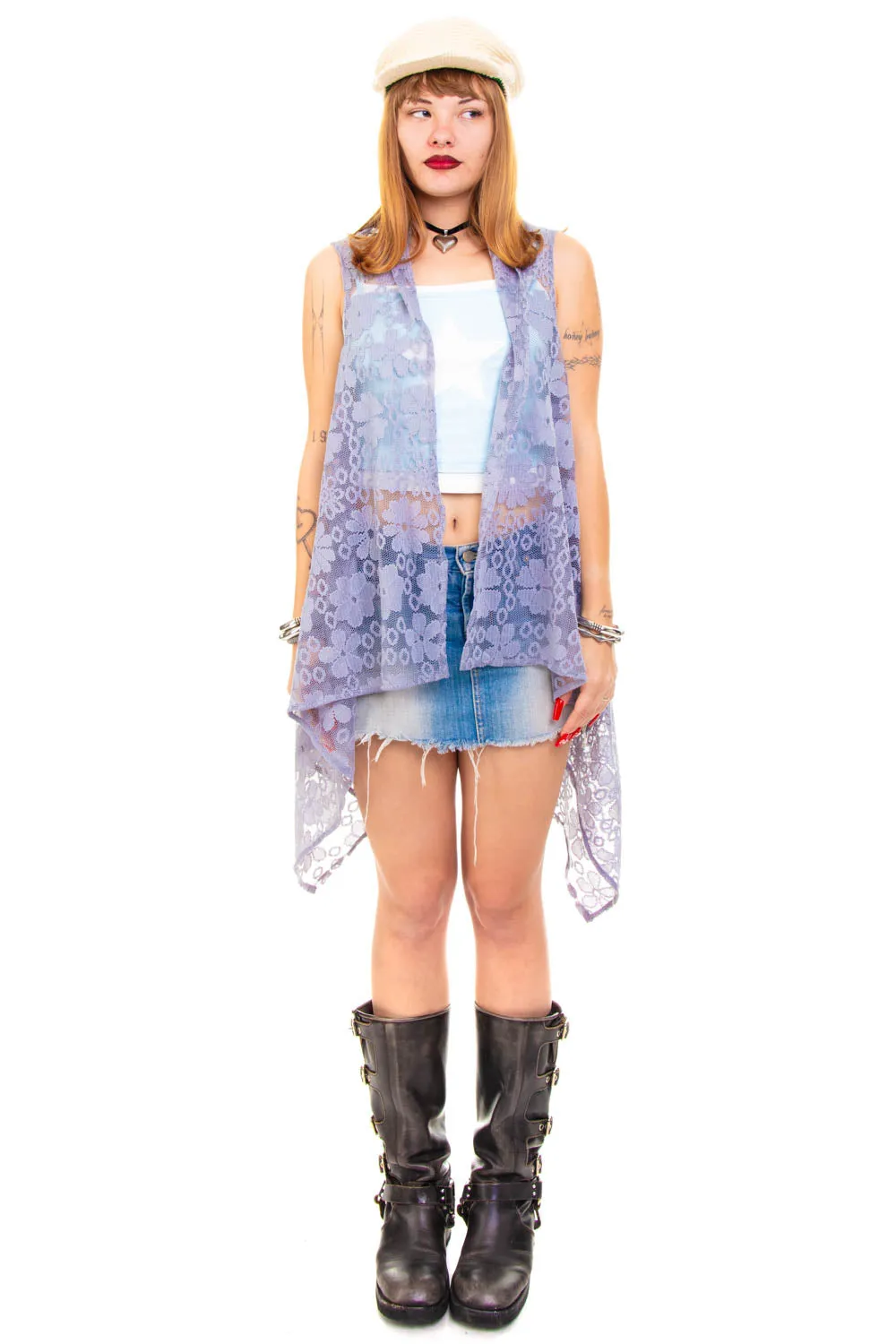 Vintage Y2K Grey Flower Lace Long Vest - OSFM
