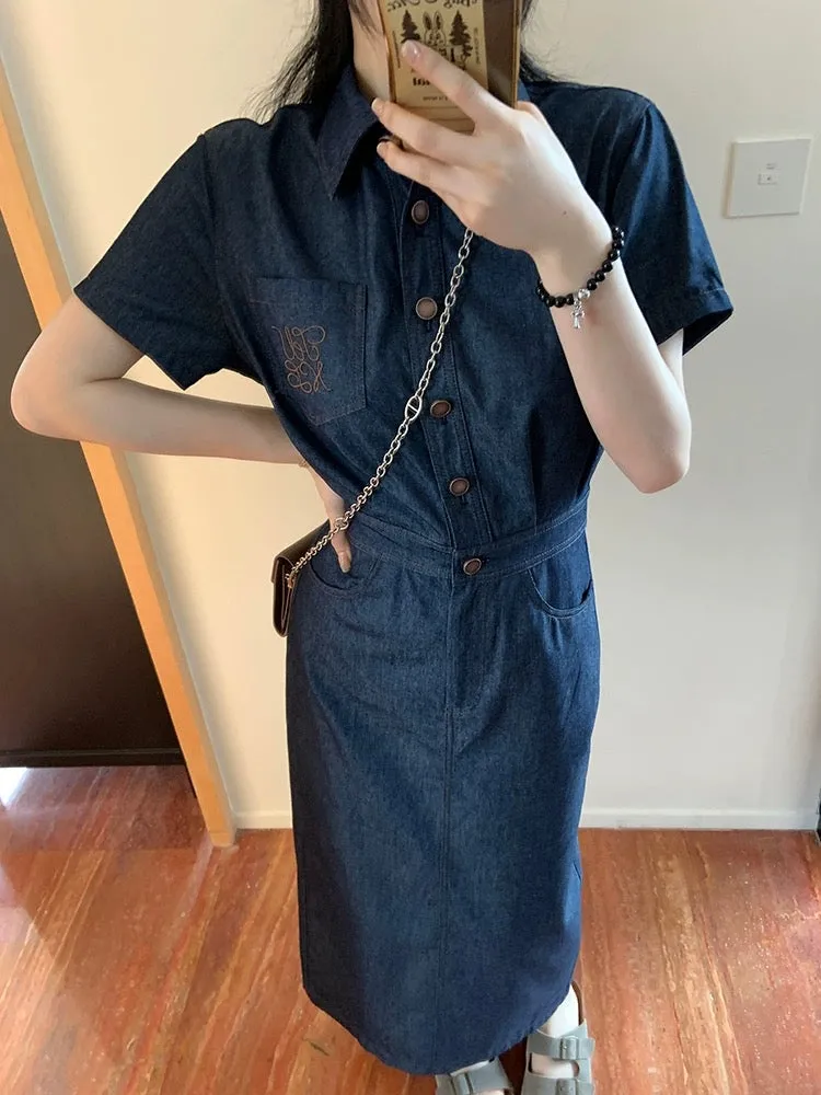 Wang Girl's shop short-sleeved shirt dress summer new Korean style small waist slimming casual workwear long skirt