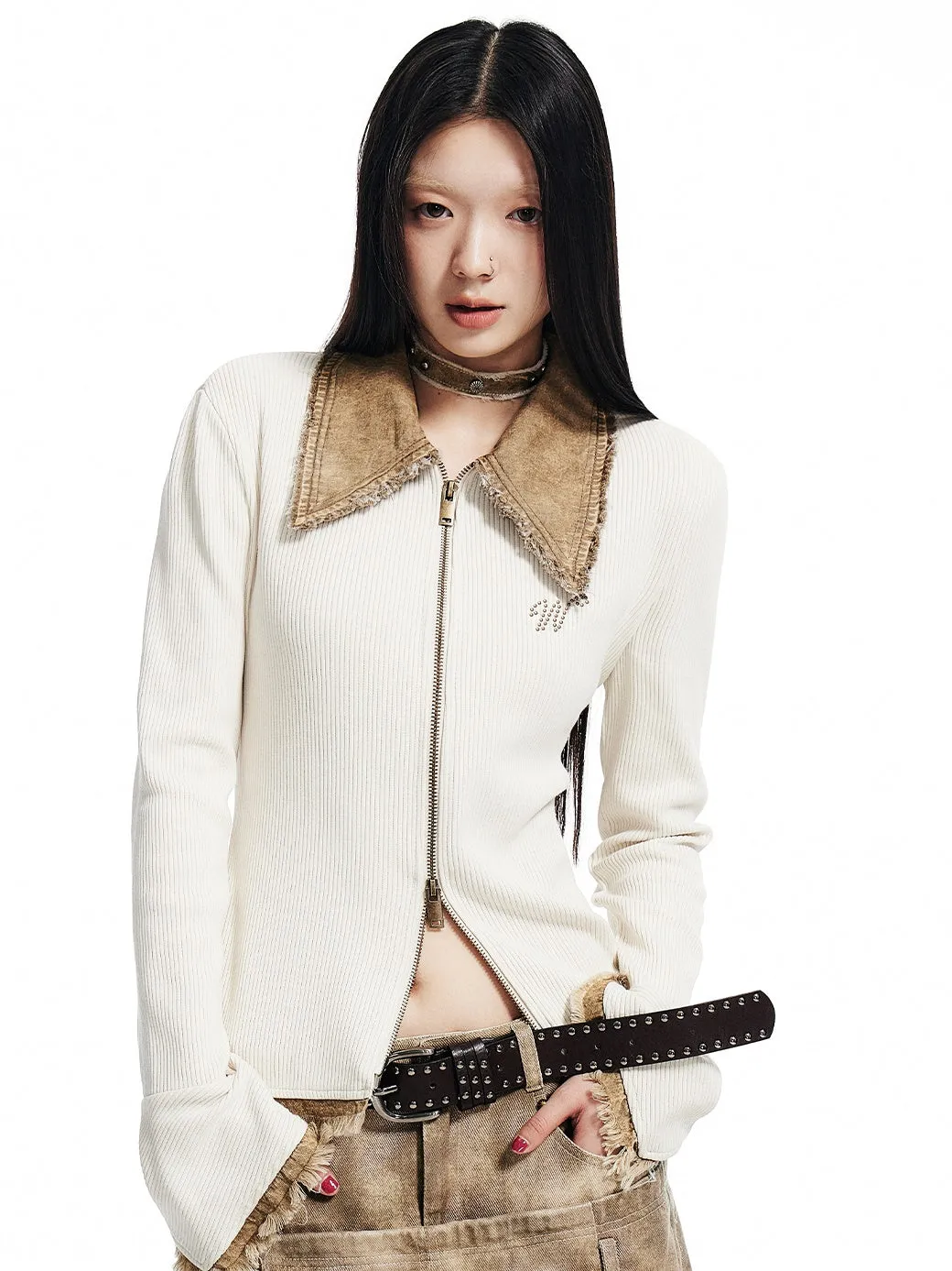 Washed Lapel Lib Knitted ZIP-Up Cardigan