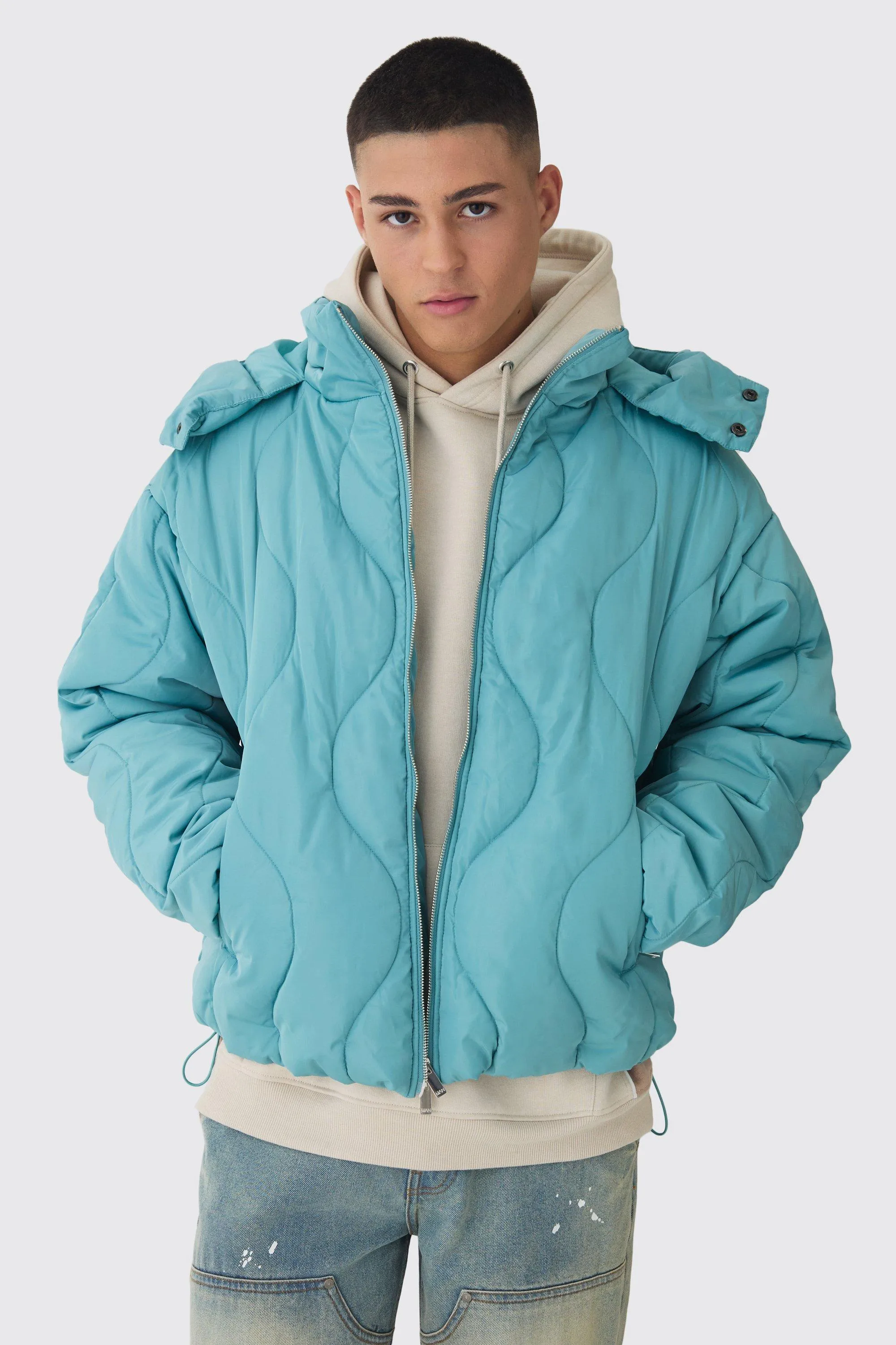 Wavy Quilted Hooded Puffer Jacket In Mint